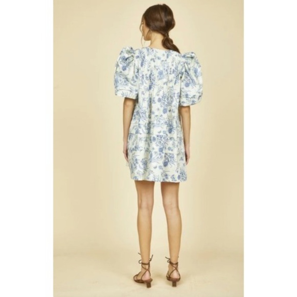 Hunter Bell Jenkins Gardenia Mini Dress Floral Blue and Beige Puff Sleeves Large - Picture 2 of 7